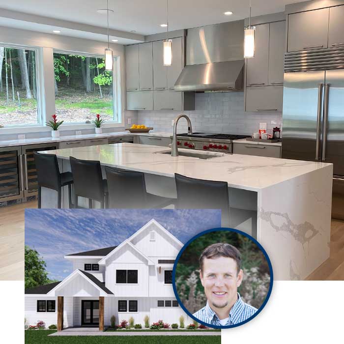 Jeremy Voigt Construction Wausau area custom home design kitchen with white marble countertops and stainless appliances